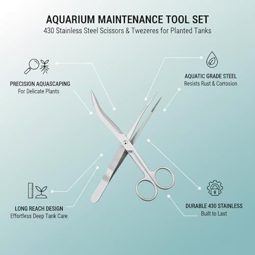 Aquarium Maintenance Tool Set - 430 Stainless Steel Long Reach Scissors, Tweezers & Sand Shovel for Fish Tanks - size: 14.96 x 0.47 x 0.31 in