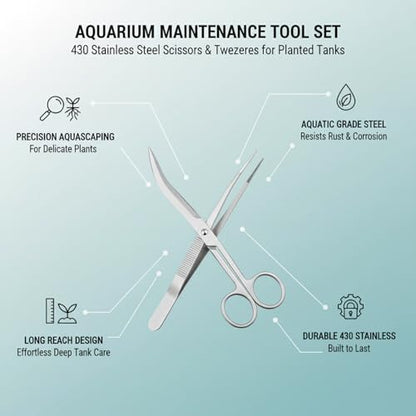 Aquarium Maintenance Tool Set - 430 Stainless Steel Long Reach Scissors, Tweezers & Sand Shovel for Fish Tanks - size: 14.96 x 0.47 x 0.31 in