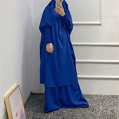 Women Muslim 2 Set Solid Color Plus Long Sleeve Thobe One-size Longuette Overall Abaya Thobe with Hoodied Hijab - color: Loyal Blue