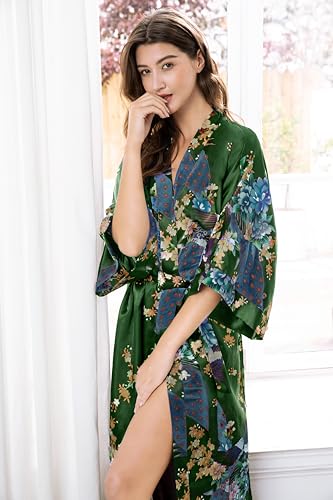 BABEYOND Women's Kimono Robe Long Satin Robes with Peacock and Blossoms Printed Kimono Nightgown - color: Bronze Green, size: One Size Plus