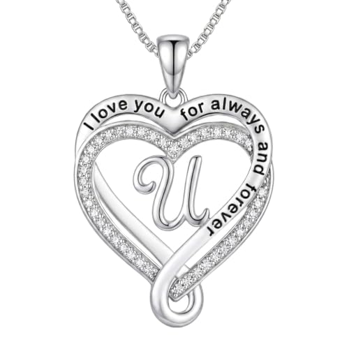 Heart Initial Necklace for Women Double Heart Letters Necklaces - color: U