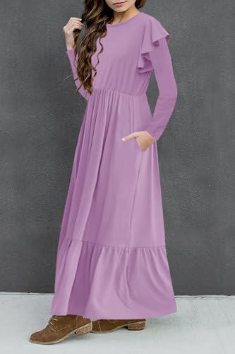 HOSIKA Girls Fall Ruffle Long Sleeve Crew Neck Loose Casual Flowy Tiered Maxi Dress with Pockets for 6-12 Y - color: Purple, size: 10 Years