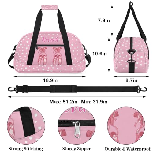 Personalized Dance Duffle Bag for Women Girls, Custom Duffel Bag Toddler Workout Gym Bag, Pink Ballet Shoes with White Love Hearts Pattern, Pink Background - color: Color27