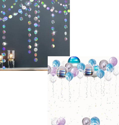 Cheerland Bundle Iridescent Holographic Circle Garlands & Iridescent Balloon Kit Holographic Decorations Party Supplies Kids Birthday Decoration