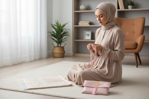 Muslim Prayer Rug and Beads with Elegant Slub Fabric Bag | Janamaz | Sajadah | Soft Islamic Prayer Rug | Islamic & Mawlid Gifts | Prayer Carpet Mat, Taffeta Fabric (Pink, 1 Sets) - color: Pink, size: 1 Sets