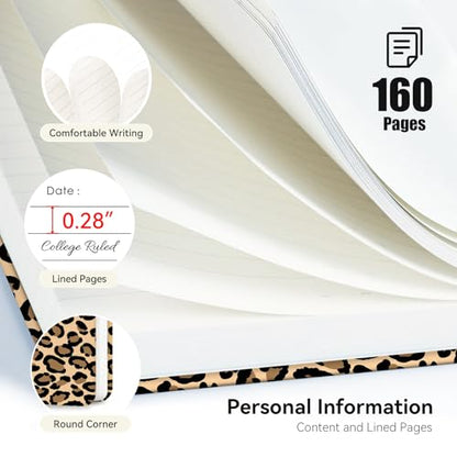 Lined Spiral Journal Notebook, A5 College Ruled Spiral Notebook for Women, Hardcover with Elegant Design for Work and Note-Taking, 5.5 * 8.25 inch, 160 Pages, Brown Leopard Print - color: Leopard Print