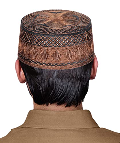 Ibluelover Men Muslim Prayer Kufi Hat Breathable Embroidery Kofia Topi Sunhat Islam Kufi Headware Praying Beanie - color: Coffee Color
