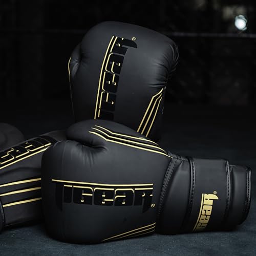 Tigear Surge Pro Boxing Gloves for Men Women & Kids | Engineered Leather Muay Thai Gloves, MMA Gear, Kickboxing Heavy Bag Training and Sparring - color: Black/Gold, size: 16 oz