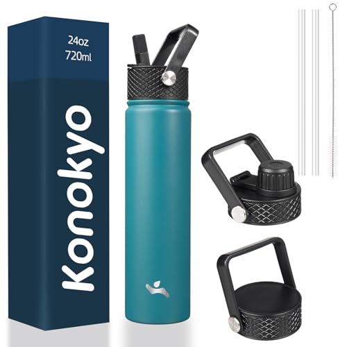 Konokyo Insulated Water Bottle 24oz Stainless Steel Sport Bottles with 3 Lids,Light Blue - color: Light Blue, size: 24 Ounces