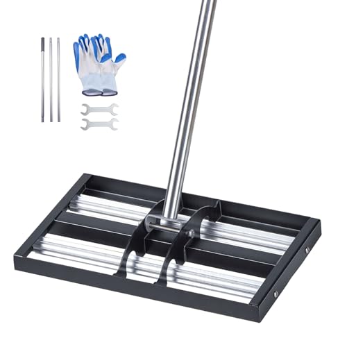 VEVOR Updated Lawn Leveling Rake with Roller, 17" x 10" Stainless Steel Lawn Leveler with 63.4" Adjustable Handle, Heavy Duty Yard Leveling Rake, Effort Saving Lawn Leveling Tool for Yard Golf Court - size: 10x17x70in (with Roller)