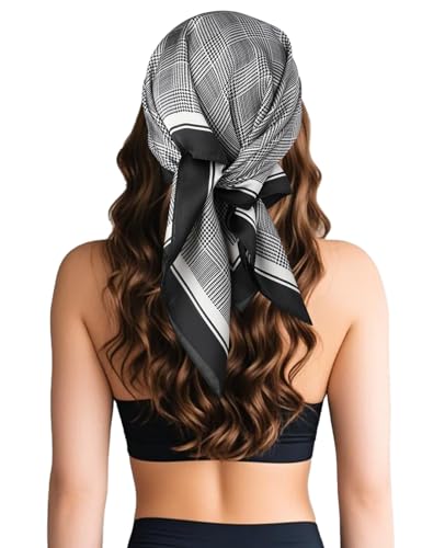Sumolux Head Hair Scarf for Women Like Satin Silk Scarf Bandana Hair Wrapping Night Large Square Scarves 27.5" - color: Black Plaid Stripes