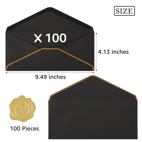 100 Pack #10 Business Envelopes with Gold Stickers, Black - color: Black