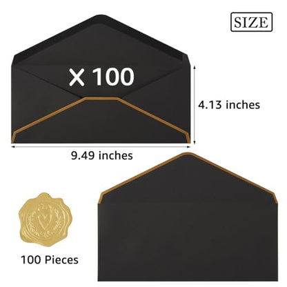 100 Pack #10 Business Envelopes with Gold Stickers, Black - color: Black