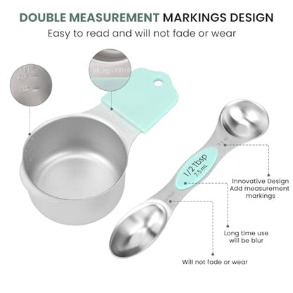 Magnetic Measuring Cups and Spoons Set-Heavy Duty 304 Stainless Steel | Double Measurement Markings,BPA-Free,Set of 16 with Leveler for Measuring Dry and Liquid Ingredients(Mint) - color: Mint