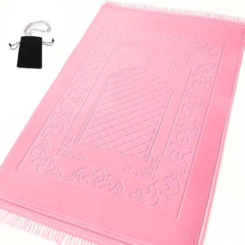 Islamika Prayer Mat Thick Islamic Muslim Rug - Padded mat Sajadah Men Women with Islam Prayer Beads for Eid Travel Ramadan, Soft and Padded (Pink) - color: Pink