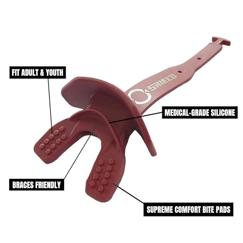 O Shield Striker Football Lip Guard with Permanent Strap | Football Lip Guard with Permanent Strap — Front Teeth, Lip, and Full Bite-Surface Coverage, No-Boil Ready Fit - color: Maroon
