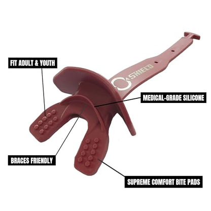 O Shield Striker Football Lip Guard with Permanent Strap | Football Lip Guard with Permanent Strap — Front Teeth, Lip, and Full Bite-Surface Coverage, No-Boil Ready Fit - color: Maroon