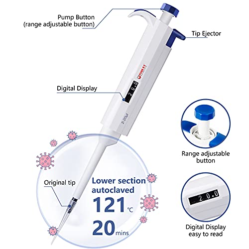 FOUR E'S SCIENTIFIC 2-20μL Pipette, Adjustable Volume Micropipette | Single-Channel Pipettor, Ergonomic Design, Precise Volume Dial - size: 03 (2-20uL)