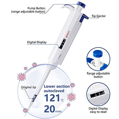 FOUR E'S SCIENTIFIC 2-20μL Pipette, Adjustable Volume Micropipette | Single-Channel Pipettor, Ergonomic Design, Precise Volume Dial - size: 03 (2-20uL)