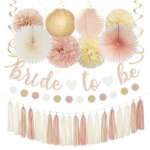 Champagne-Gold Beige Fall Bridal-Shower Party-Decorations - 36pcs Bride To Be Banner,Bachelorette Paper Lanterns,Wedding Streamers Garland,Boho Peach Tissue Pom Poms Flower Fan Decor Supplies Burgleda - color: Champagne Gold Beige