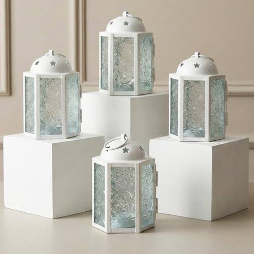 VELA LANTERNS Mini Moroccan Tea Light Candle Holder Lanterns – 4.25" Small Decorative Lantern for Table or Hanging, Metal with Glass Panels – Ramadan, Wedding, Home Decor, Matte White (Set of 4) - color: Matte White