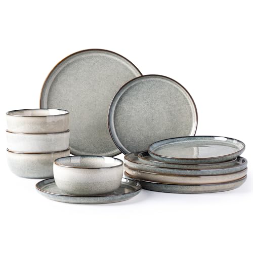 GBHOME Dinnerware Sets for 4, 12 Pieces Ceramic Plates and Bowls Set - color: Green Wheat, size: Service for 4(12Pcs)