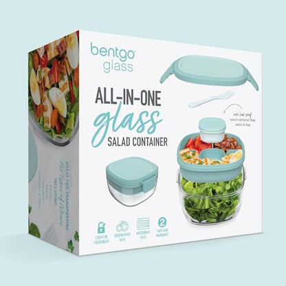Bentgo Glass Salad Container - 7.6-Cup Salad Bowl with Airtight Lid, Leak-Proof Sauce Container, 4-Compartment Bento Tray & Reusable Fork - BPA-Free for Meal Prep, Office & More (Coastal Seaglass) - color: Coastal Seaglass