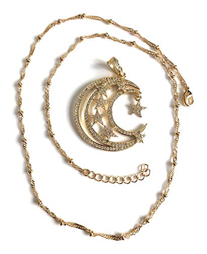 Crescent Moon and Stars Necklace 17.5 Inches Sattelite Chain