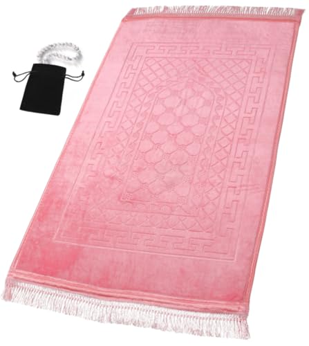 Prayer Rug Muslim Mat Islamic - Thick Prayer Rug Sajadah for Kids Men Women with Islam Prayer Beads for Eid Travel Ramadan, Soft and Luxury (Pink) - color: Pink