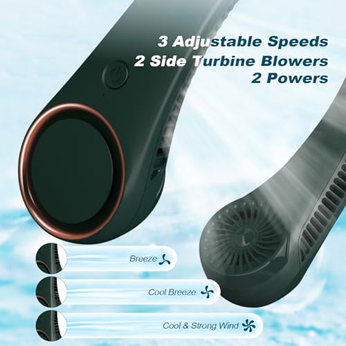 CIVPOWER Neck Fan: Portable Personal Neck Cooling Rechargeable Bladeless Fan - Hands Free 3 Speed 4000 mAh Battery USB Operated Wearable Headphone Design - Gift for Men Women Outdoor (Dark Green) - color: Dark Green