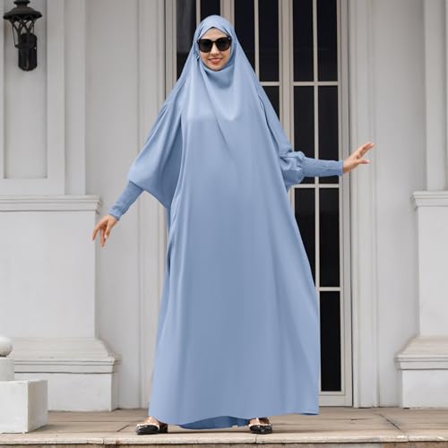 IDOPIP Muslim Abaya for Women One Piece Long Sleeve Islamic Prayer Dress with Hooded Hijab Maxi Kaftan Robe Modest Clothes - color: Blue