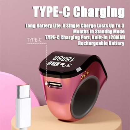Electronic Finger Counter Clicker Ring, Digital Tally Counter with Vibration for Prayer & Dhikr, Tasbih Counting Rechargeable Row Counter Ring - color: Pink