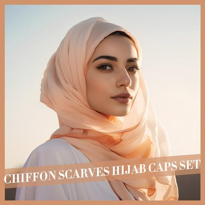 4 Pcs Women Solid Chiffon Hijab Scarves and Undercap Set Long Shawl Soft Wrap Scarves Muslim Inner Hijab Caps - color: Black, Khaki