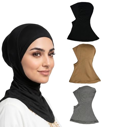 3 Pcs Modal Hijab Cap for Women, Muslim Inner Undercap Bonnet, Stretchy Turban Underscarf with Full Coverage for Daily Wear - color: Black + Dark Grey + Dark Khaki