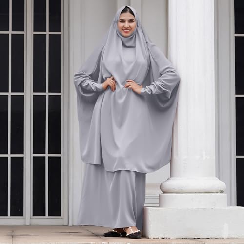 Abayas for Women Muslim Chiffon Prayer Burqa Dress Burkas for Women Muslim Hijab Dress Full Length Islamic Veil Abaya Set - color: Grey
