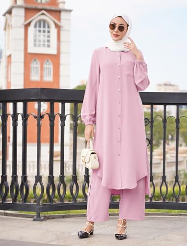 Women's Muslim 2 Pieces Sets Long Sleeve Button Down Shirt and Pants Abaya Casual Dress Dubai Outfits - color: Pink, size: Medium