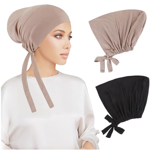 PHOGARY 2 Pcs Women Hijab Undercap, Islamic Muslim Under Hijab Cap Inner Under Scarf Hat Turban with Tie Back Closure - color: Black, Light Khaki