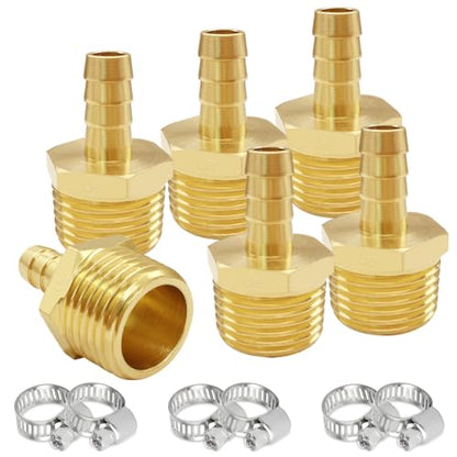Uenede Brass 1/2" NPT Male to 3/8" Hose Barbed Fittings, 6PCS | Barb Pipe Fittings with Clamps Air Line Repair Connectors for Water Oil Gas - size: 3/8"Barb, style: 1/2"NPT Male