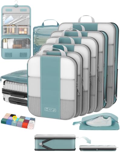 OlarHike 10 Set Compression Packing Cubes for Travel Essentials,Compressible Expandable Space Saver Bags for Organizing Clothes,Luggage Suitcase Garment Bags with Over 1000 pcs Mesh Holes(Blue Gray) - color: Blue Gray