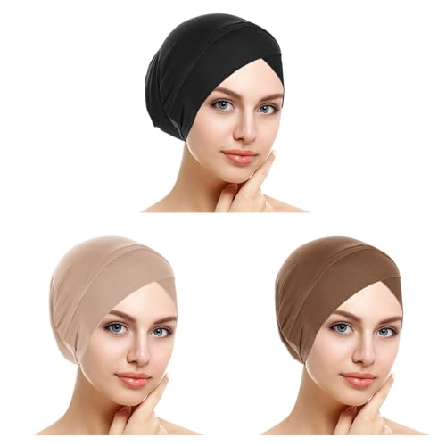 PURFUN 3 Pcs Muslim Inner Hijab Caps Women Solid Color Under Hijab Caps Stretchy Breathable Full Cover Undercap Tube Bonnet - color: Black+khaki+beige