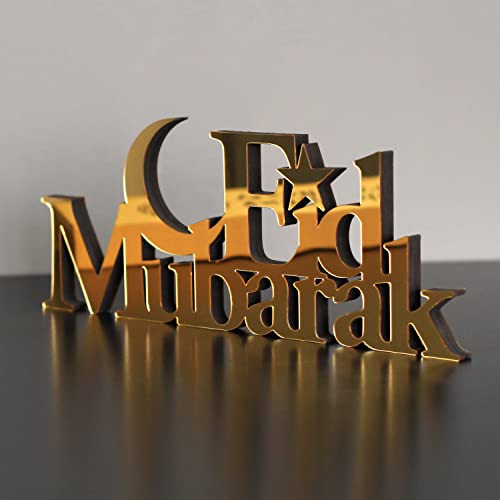 IWA Concept | Wooden Acrylic Islamic Tabletop Decors | Ramadan Kareem and Eid Mubarak Decoration | Islamic Muslim Gifts | Ramadan Eid Decoration | (Eid Mubarak-4, Gold) - color: Gold, size: Eid Mubarak-4