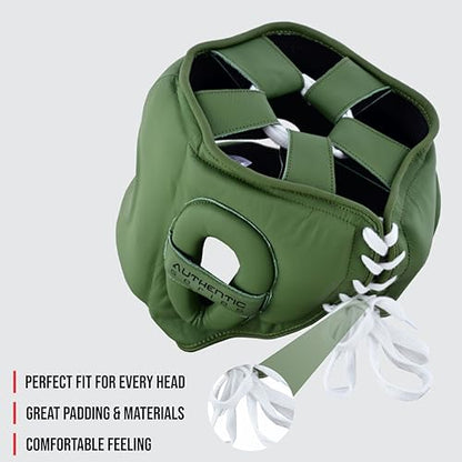 A1 Boxing Sparring Headgear – Face Saver Head Guard with Nose Protection, Cowhide Leather Boxing Headgear for MMA, Muay Thai & Kickboxing Training - color: Green, size: Large-X-Large