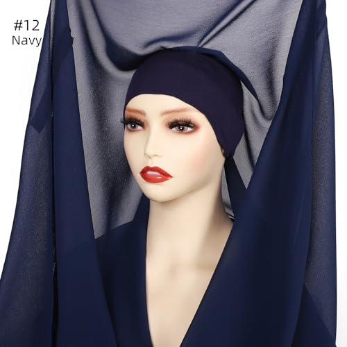 Instant Chiffon Hijab Set 3-in-1 Hijabs Scarf with Built-in Magnets and Undercap Head Wraps with Modal Cap - color: Navy 12#