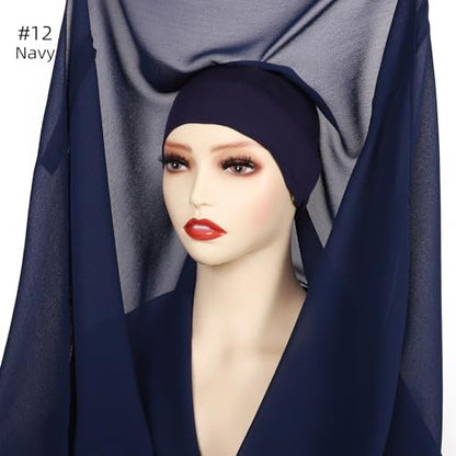 Instant Chiffon Hijab Set 3-in-1 Hijabs Scarf with Built-in Magnets and Undercap Head Wraps with Modal Cap - color: Navy 12#
