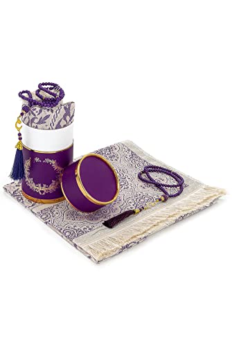 ihvan online Muslim Prayer Rug and Prayer Beads with Elegant Design Cylinder Gift Box, Janamaz, Soft Sajadah, Islamic Gifts Set, Portable Prayers Carpet Mat, Taffeta Fabric, Purple - color: Purple