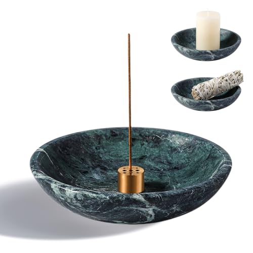 Koville Natural Marble Incense Holder, Incense Holder for Sticks with 9 Holes, Handmade Incense Burner Ash Catcher for Meditation Yoga SPA, Balsam Fir/Palo Santo/Sage/Cone (Green) - color: D=150-alpi Green