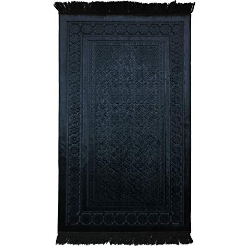 Modefa Velvet Prayer Rug - Soft Plush Turkish Janamaz Sajada Carpet for Men and Women - Plain Solid Prayer Mat Ramadan Eid Gift - with Prayer Beads - Luxury Floral Stamp (Black) - color: Black