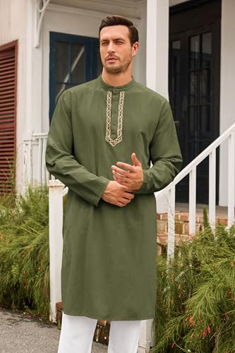 Runcati Mens Kaftan Thobe Button Down Casual Henley Shirts Long Sleeve Robe Cotton Linen Muslim Gown Shirt - color: Army Green, size: X-Large