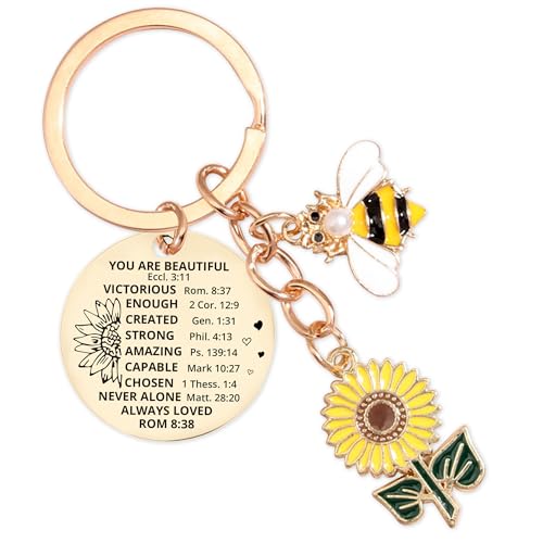 Inspirational Christian Gifts Keychain for Women - Religious Gift Keyring for Men, Priests, Sister, Friend, Mom, Catholic - style: Sunflower Bee