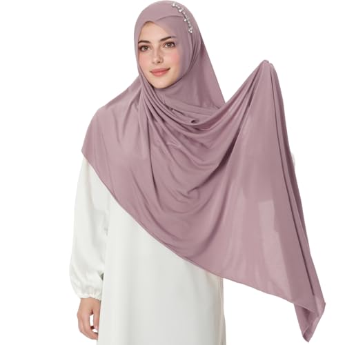 khalat Instant Hijab 여성용 무슬림 샤이니 라인스톤 데일리 스카프 부드럽고 신축성 있는 단색 이슬람 기도 히잡 - color: 라이트 퍼플
